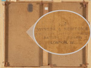 Detalle del sello de la marca inglesa Winsor & Newton, impreso en la trasera de la obra de André Derain "El puente de Waterloo" Detalle del sello de la marca inglesa Winsor & Newton, impreso en la trasera de la obra de André Derain "El puente de Waterloo"