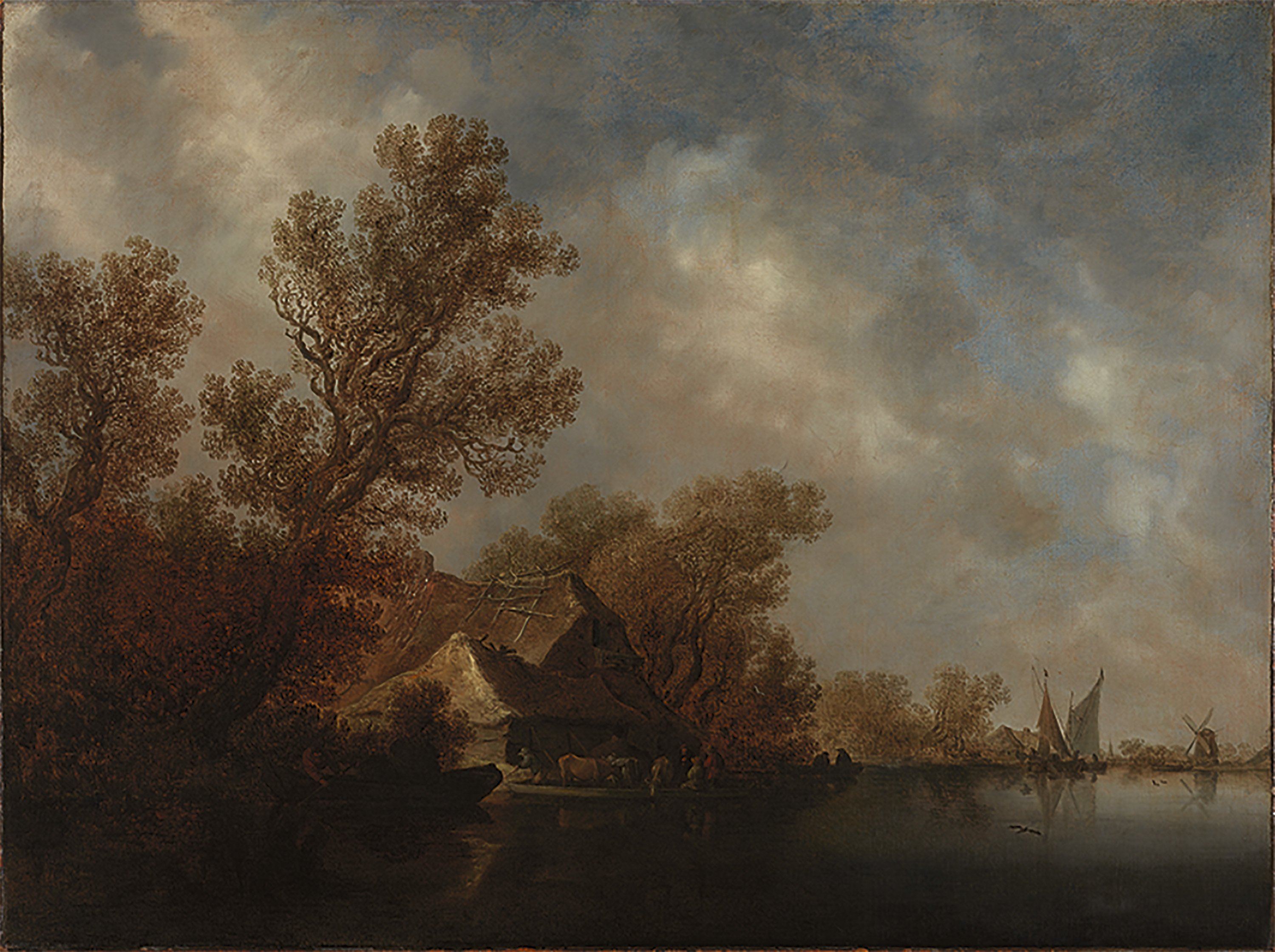 River Landscape with Ferry Boat and Cottages. Paisaje fluvial con transbordador y cabañas, 1634