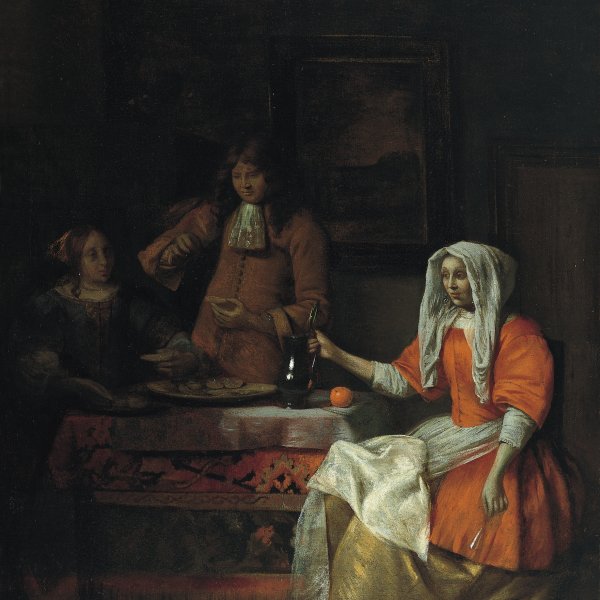 Interior con dos mujeres y un hombre bebiendo y comiendo ostras