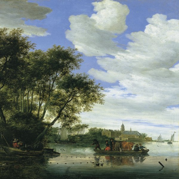 Vista del río Vecht, con un embarcadero, pescadores y el Castillo de Nijenrode en la lejanía