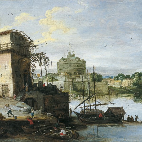 Vista de un puerto fluvial con el Castillo de Sant&#039;Angelo