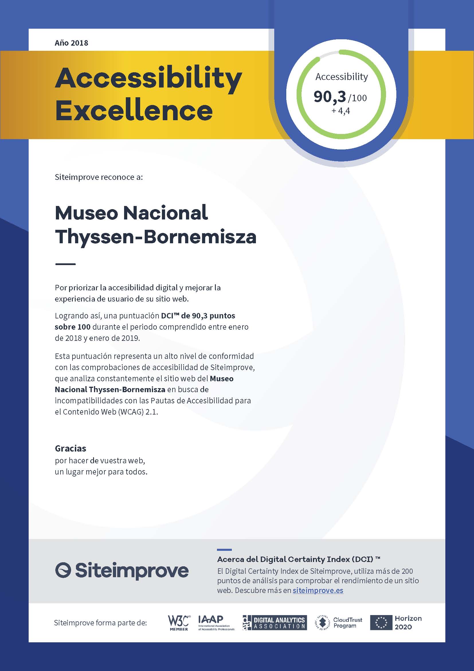 Certificado de excelencia de Siteimprove otorgado en 2018