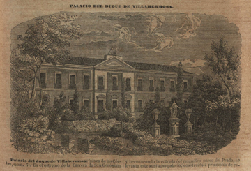 Palacio del duque de Villahermosa, reproducido en Pascual Madoz: Diccionario geográfico-estadístico-histórico de España y sus posesiones de Ultramar, tomo X, Madrid, 1850