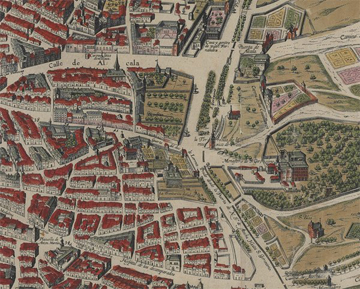 Antonio Mancelli: La Villa de Madrid Corte de los Reyes Católicos de Espanna [hacia 1622] (detalle), estampa en Theatrum in quo visuntur illustriorum Hispaniae Urbis..., Ámsterdam, 1657. Biblioteca Nacional de España, Madrid