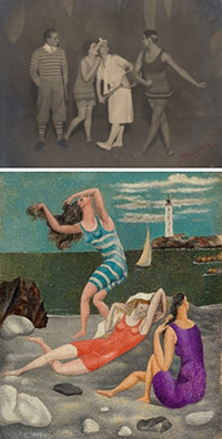 El tren azul: Léon Woïzikovsky, Lydia Sokolova, Bronislava Nijinska y Anton Dolin, 1924 / Pablo Picasso. Las bañistas, 1918