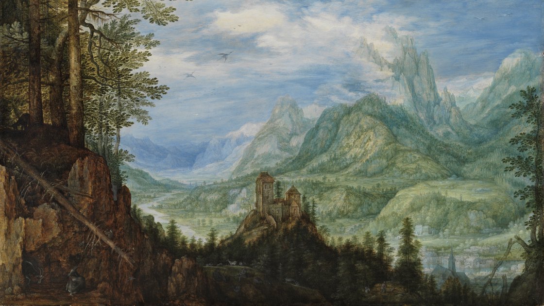 Paisaje montañoso con un castillo. Roelandt Savery