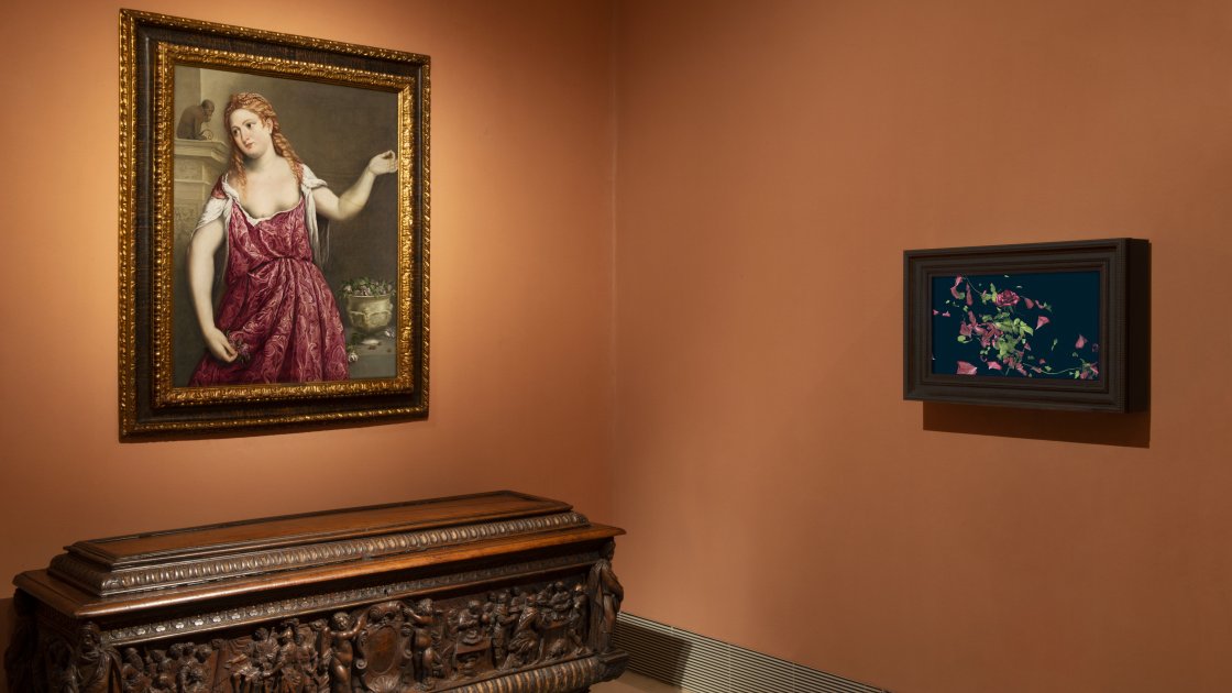 Obra de Marina Núñez junto a una obra de Bordone en sala 6 del Museo Nacional Thyssen-Bornemisza
