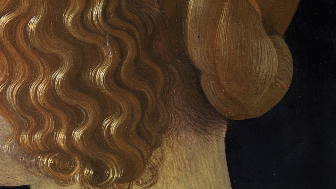 Detalle de la técnica pictórica en el tratamiento del cabello de la obra "Retrato de Giovanna Tornabuoni", de Ghirlandaio
