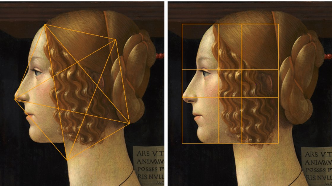 Aplicación del número áureo en el rostro de Giovanna en el que observamos cómo encaja perfectamente con el resultado de la proporción numérica