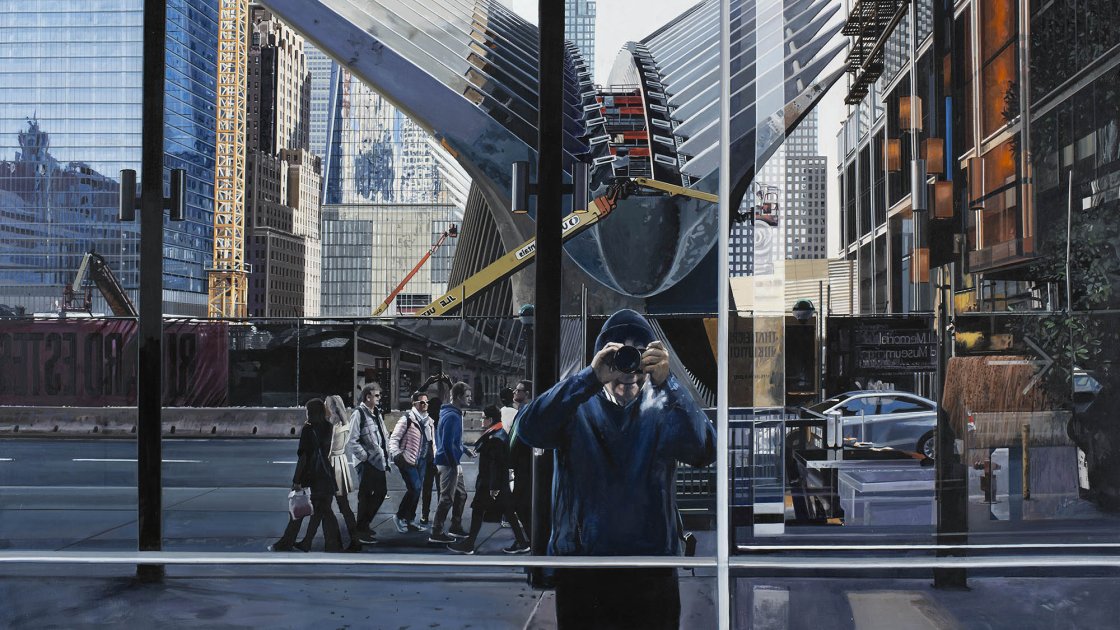 Richard Estes, Autorretrato cerca de Oculus World Trade Center, s.f. 