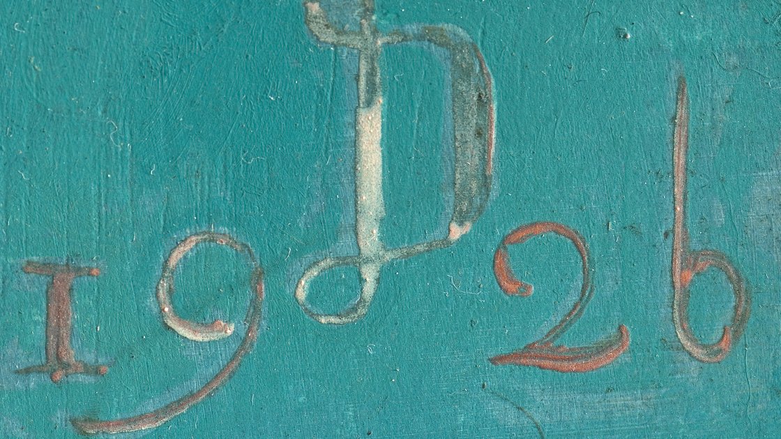 Detalle de la firma en forma de anagrama  “19D26” de la obra de Dix, “Hugo Erfurth con perro”