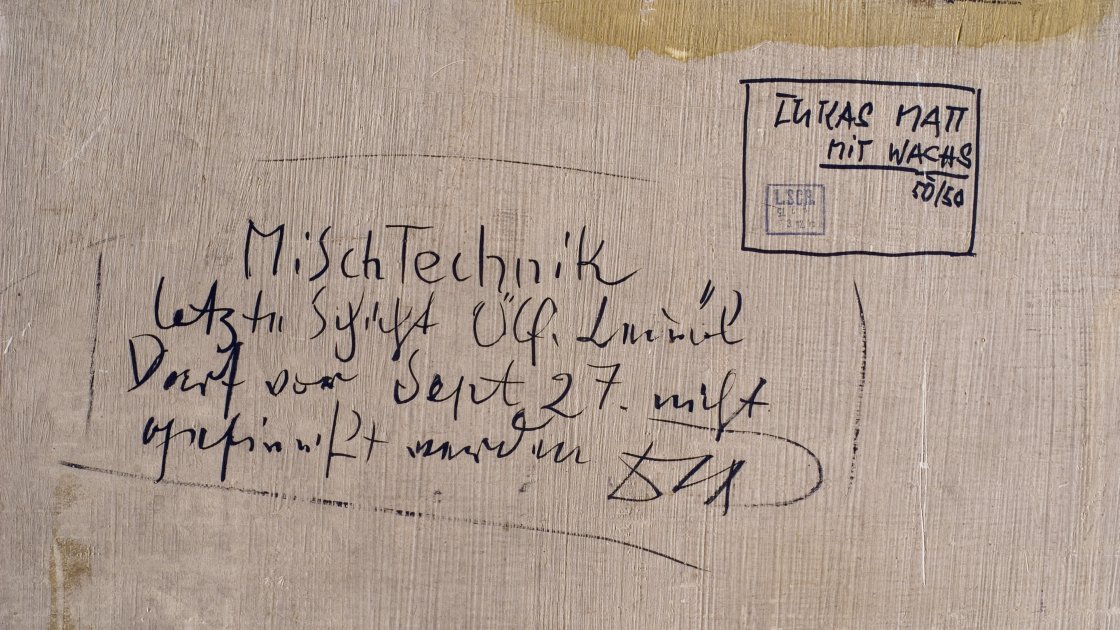 Detalle de la inscripción del reverso de la obra de Dix, “Hugo Erfurth con perro”
