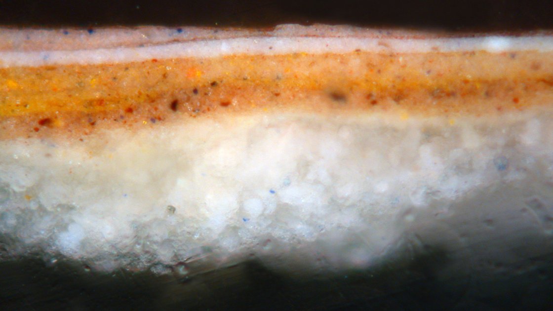 Detalle de la micromuestra tomada del fondo de la escena de la pintura “La partida de naipes” 