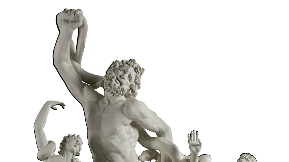 Estatua del sacerdote troyano Laocoonte y sus hijos luchando contra serpientes enviadas por la diosa Atenea a favor de los aqueos en la guerra de Troya. Museos del Vaticano, Roma, Italia.