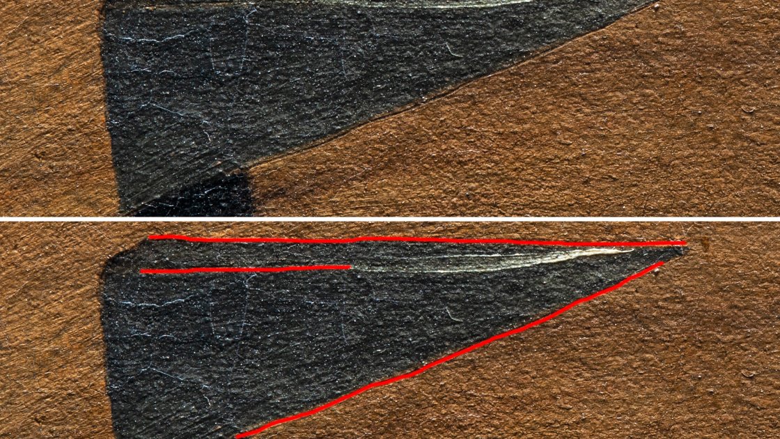 Detalle de las incisiones de la pintura "Santa Catalina de Alejandría" de Caravaggio