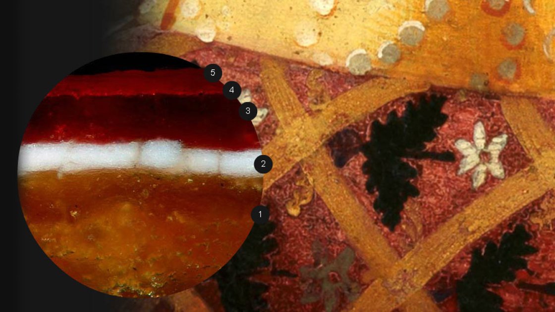 Micromuestra tomada de la decoración roja del vestido de la obra de Ghirlandaio “Retrato de Giovanna Tornabuoni”