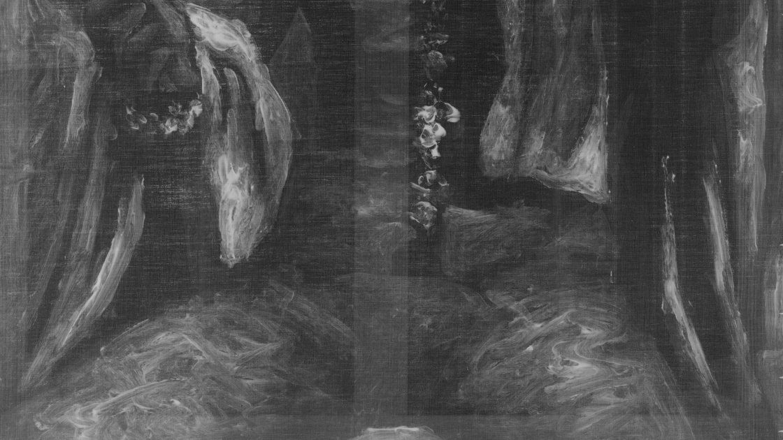 Detalle de la radiografía donde se observa una composición previa de la obra Arlequín con espejo, de Picasso