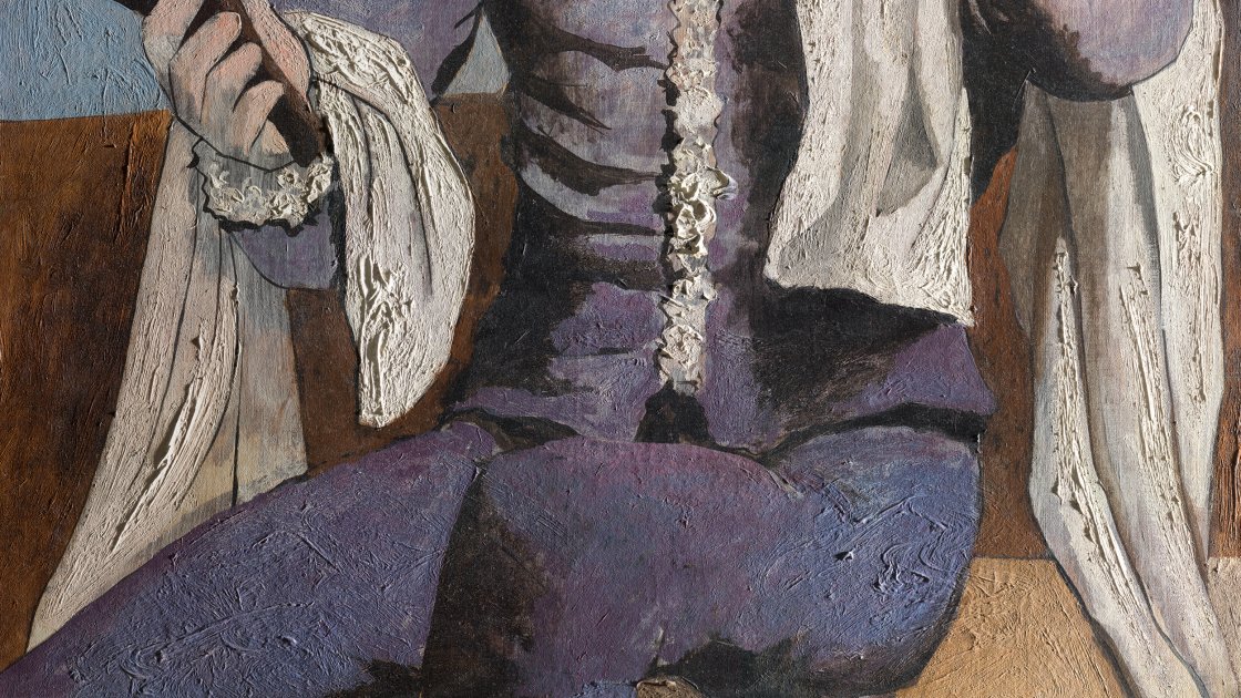 Detalle de la zona con la modificación definitiva de la obra Arlequín con espejo, de Picasso