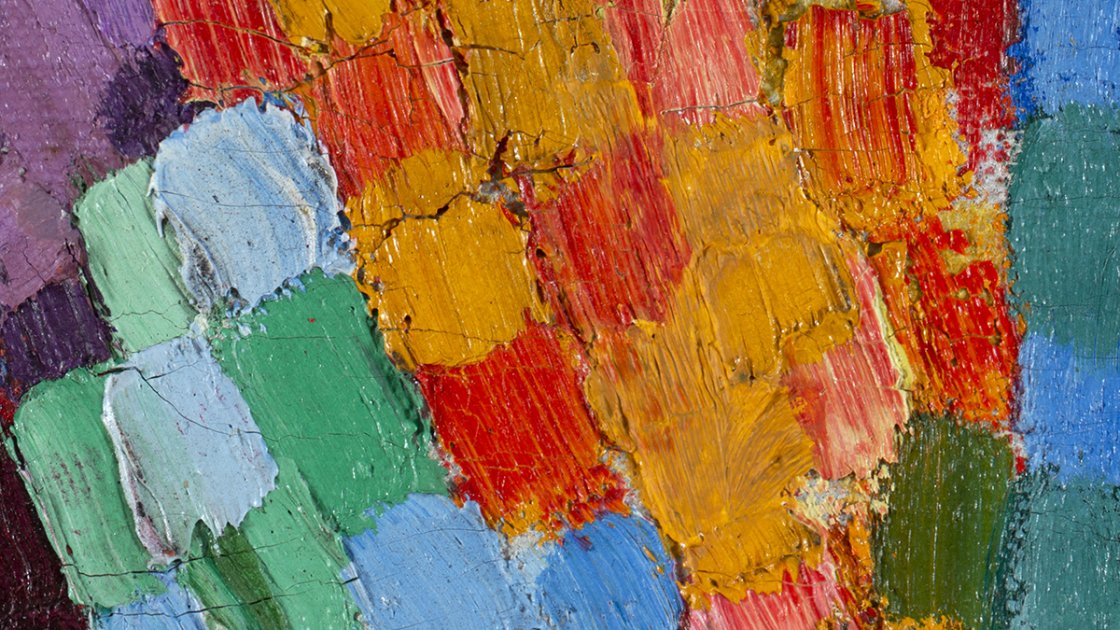 Detalle en macrofotografía de la obra "Naturaleza muerta con papagayo" de Robert Delaunay