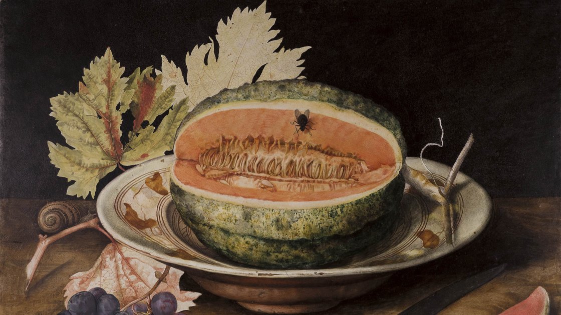 Giovanna Garzoni. Naturaleza muerta con melón en un plato, uvas y un caracol, c. 1650 