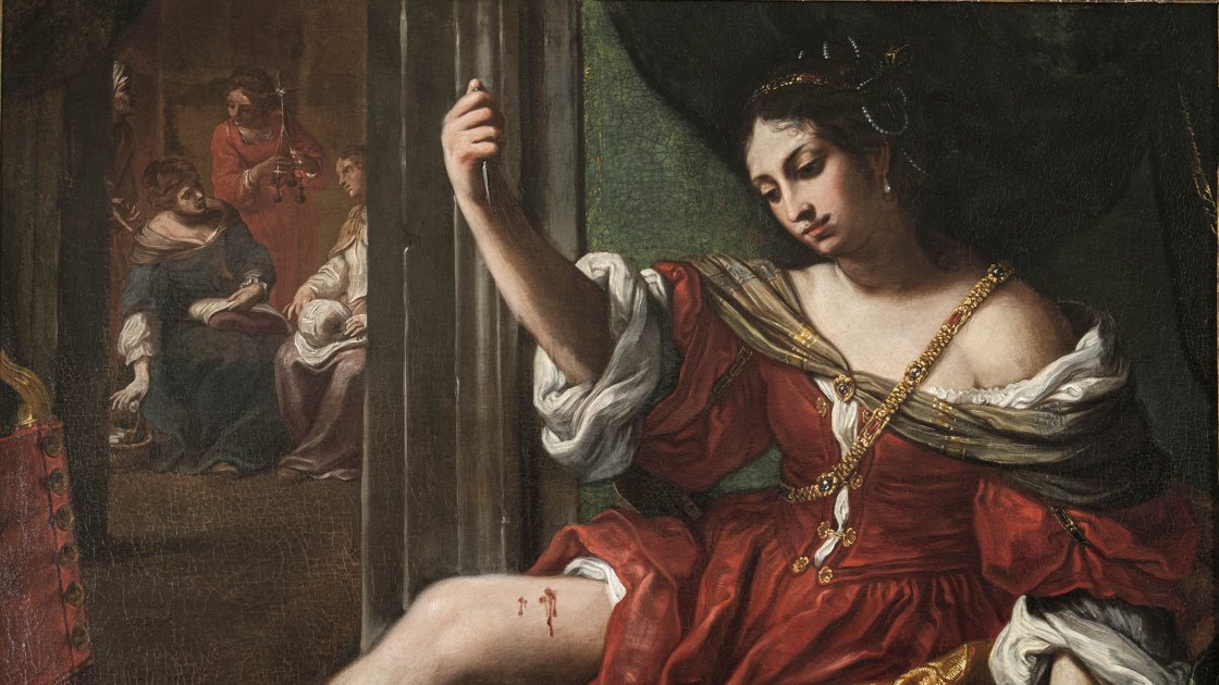 Elisabetta Sirani. Porcia hiriéndose en el muslo, 1664