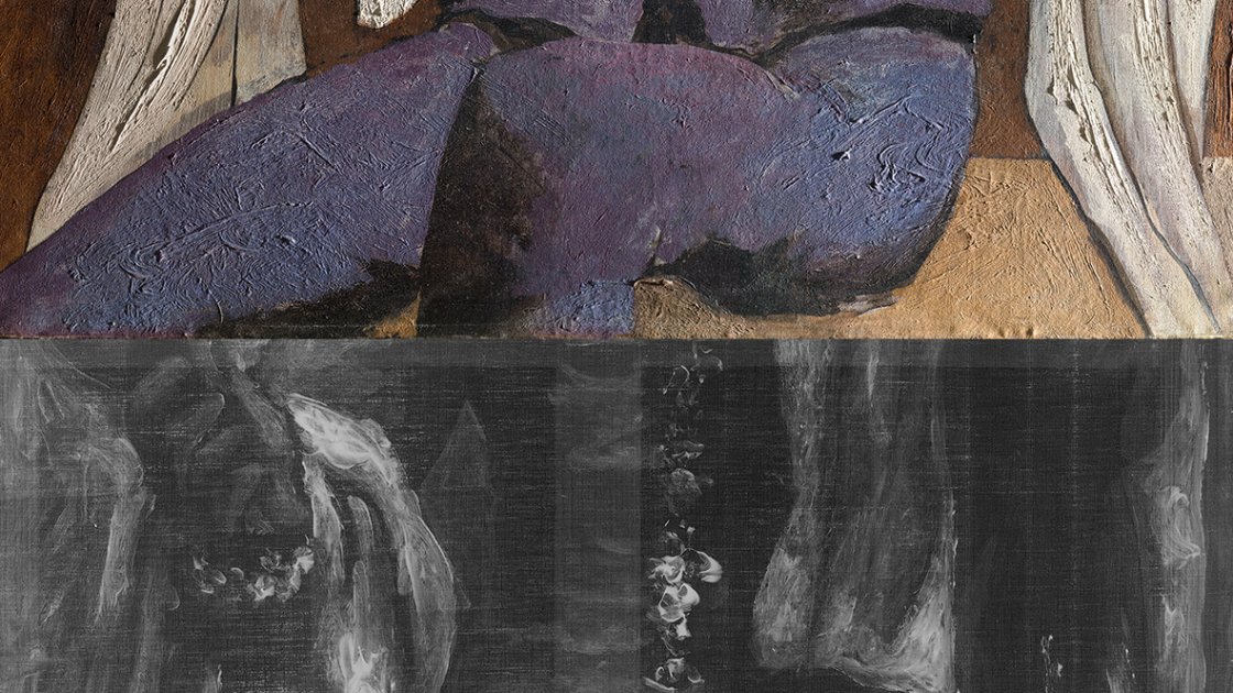 Detalle de la imagen visible y la radiografía de la obra "Arlequín con espejo", de Picasso