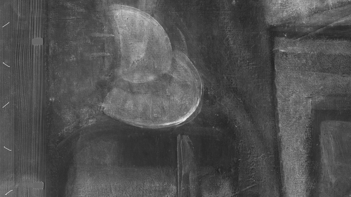 Detalle comparativo de la imagen visible y la radiografía de la obra de Balthus "La partida de naipes"