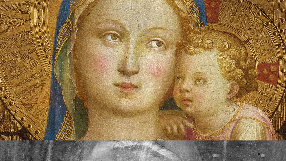 Comparativa de la imagen visible y la imagen radiográfica de la "Virgen de la Humildad", de Fra Angelico