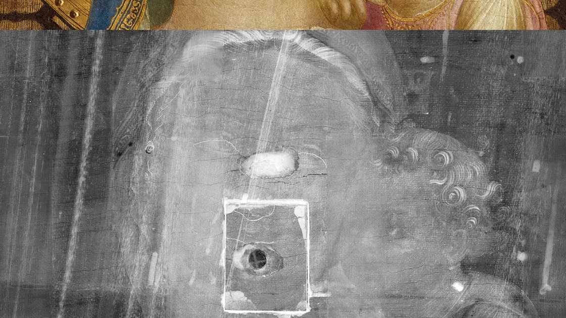 Comparativa de la imagen visible y la imagen radiográfica de la "Virgen de la Humildad", de Fra Angelico