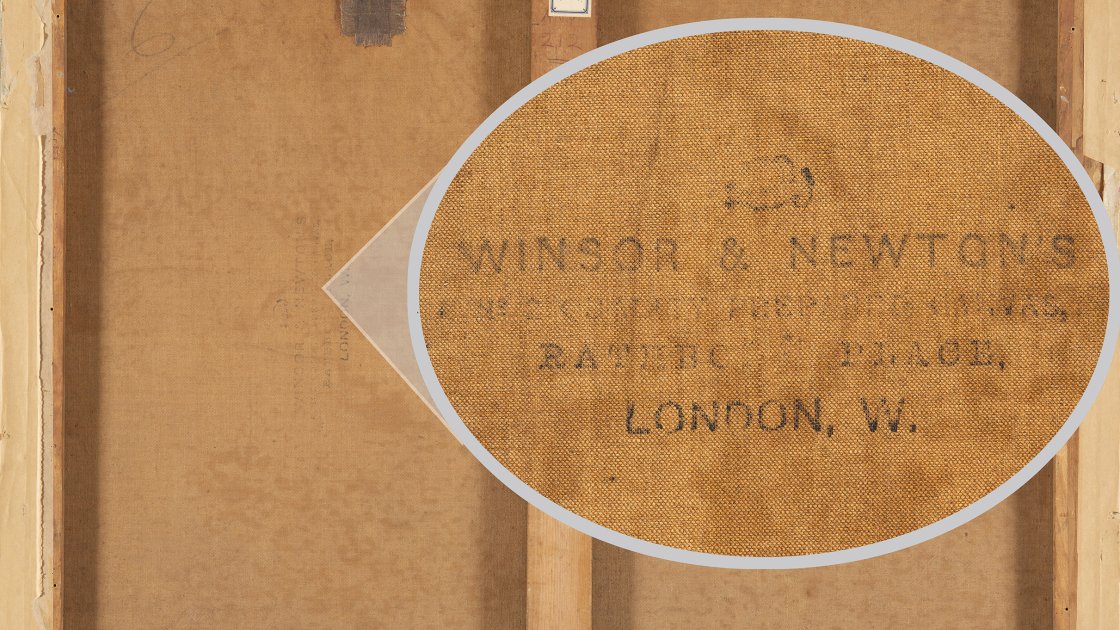 Detalle del sello de la marca inglesa Winsor & Newton, impreso en la trasera de la obra de André Derain "El puente de Waterloo"