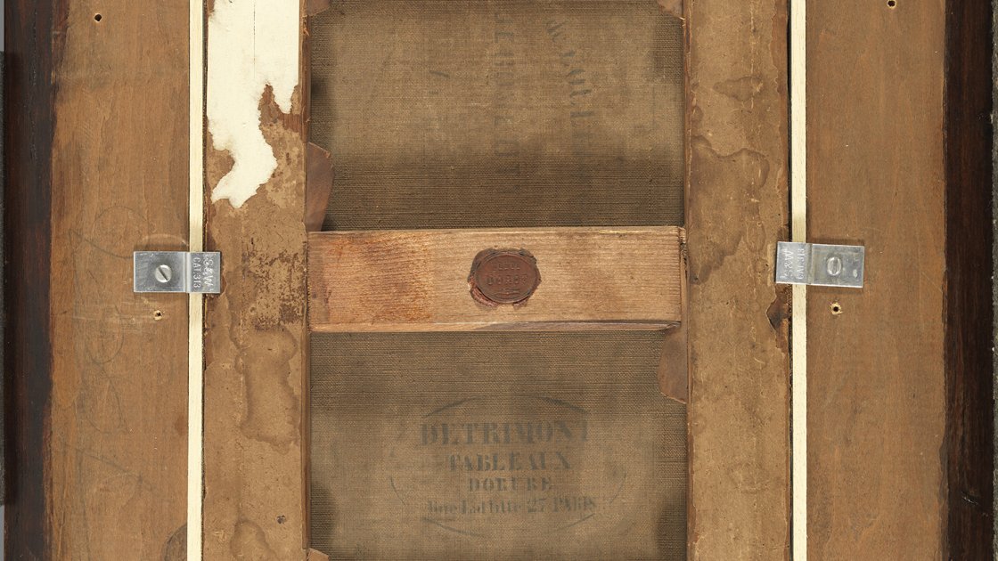 Imagen de la trasera de la obra de Corot "Interior de la iglesia de Mantes", 1865 - 1870