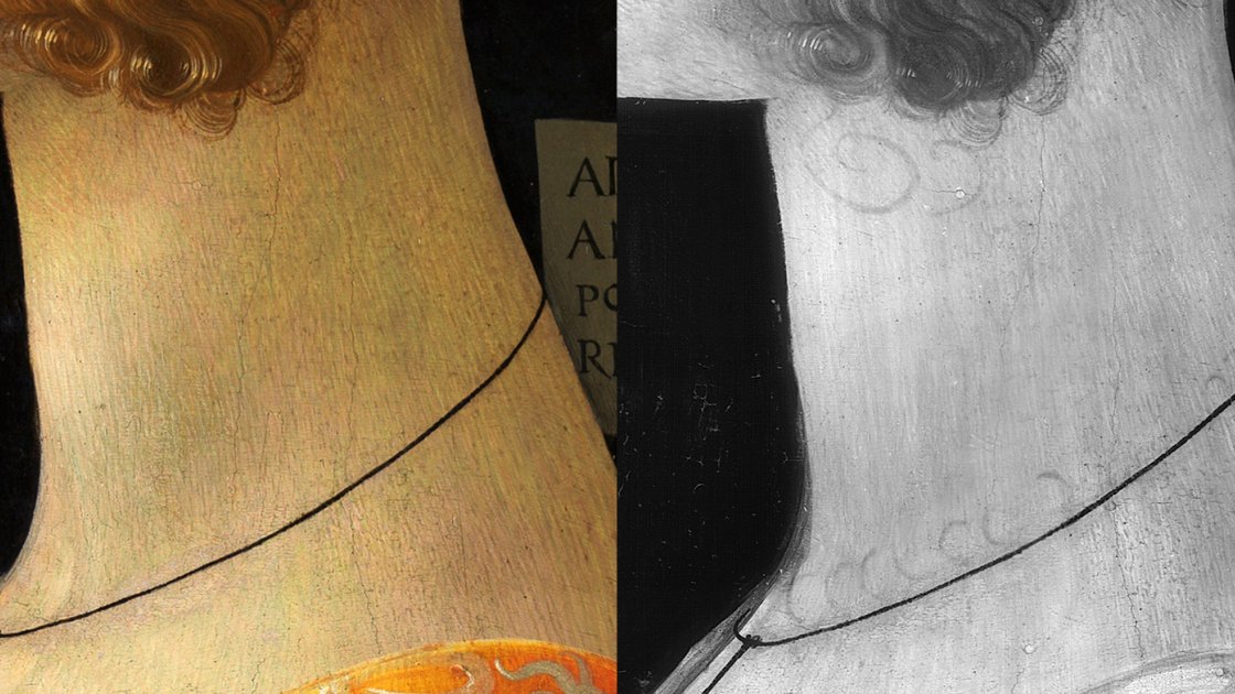 Detalle comparativo de la imagen visible y la reflectografía infrarroja de "Retrato de Giovanna Tournabuoni" de Ghirlandaio
