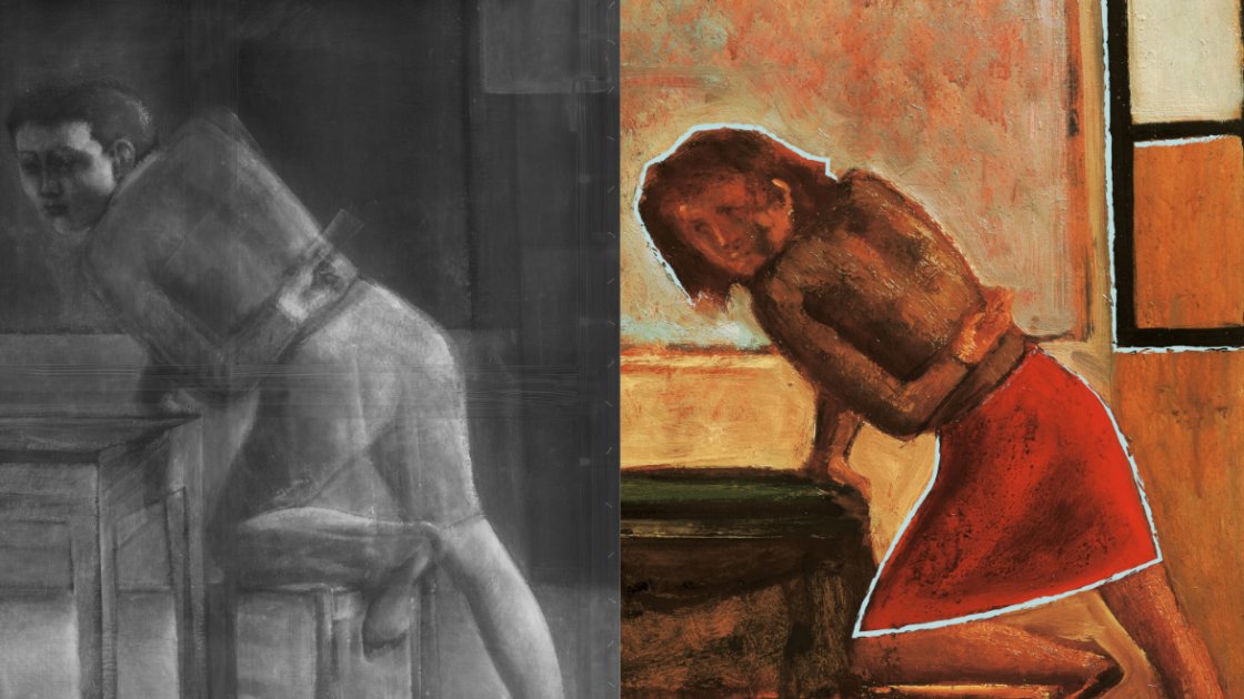 Detalle comparativo de la imagen visible y la radiografía de la obra de Balthus "La partida de naipes"
