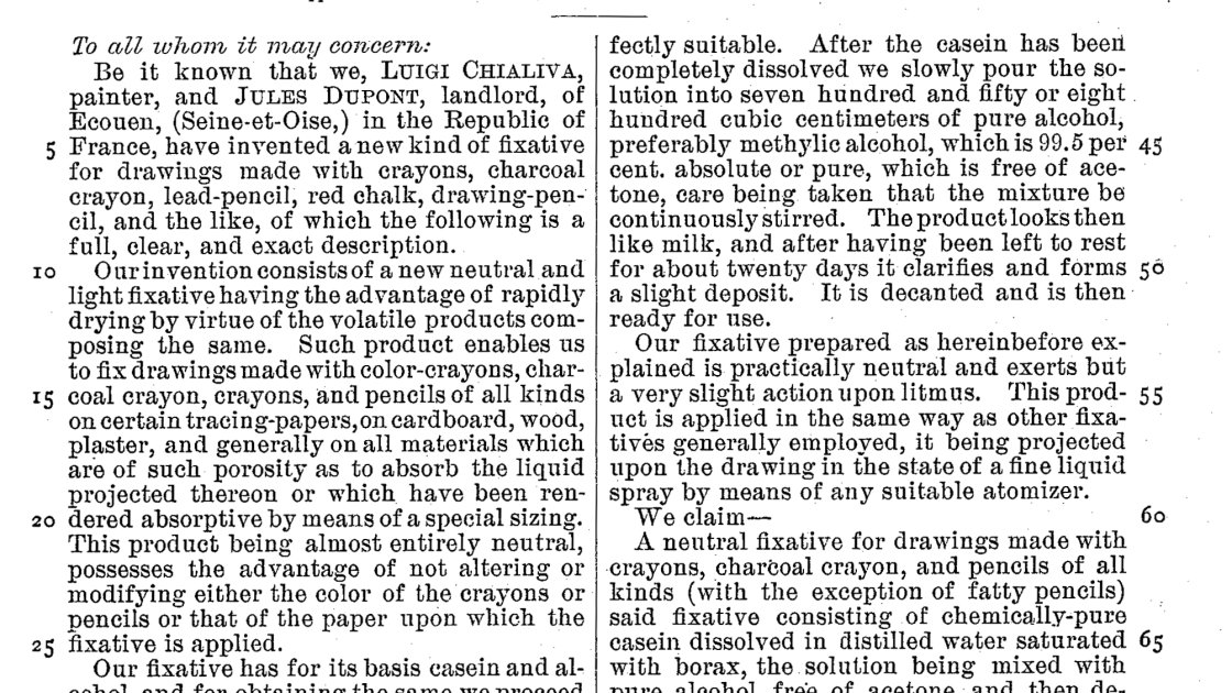 Documento de la patente del fijativo creado por el pintor Luigi Chialiva