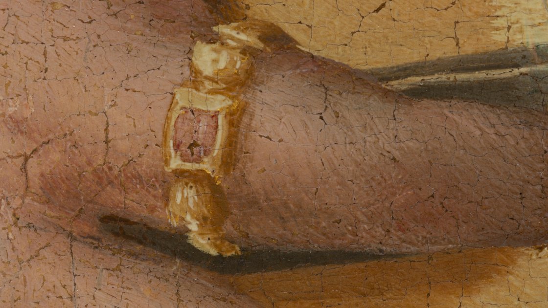 Detalle de los acabados en oro en la pintura “Retrato de una dama” de Pier Francesco Foschi