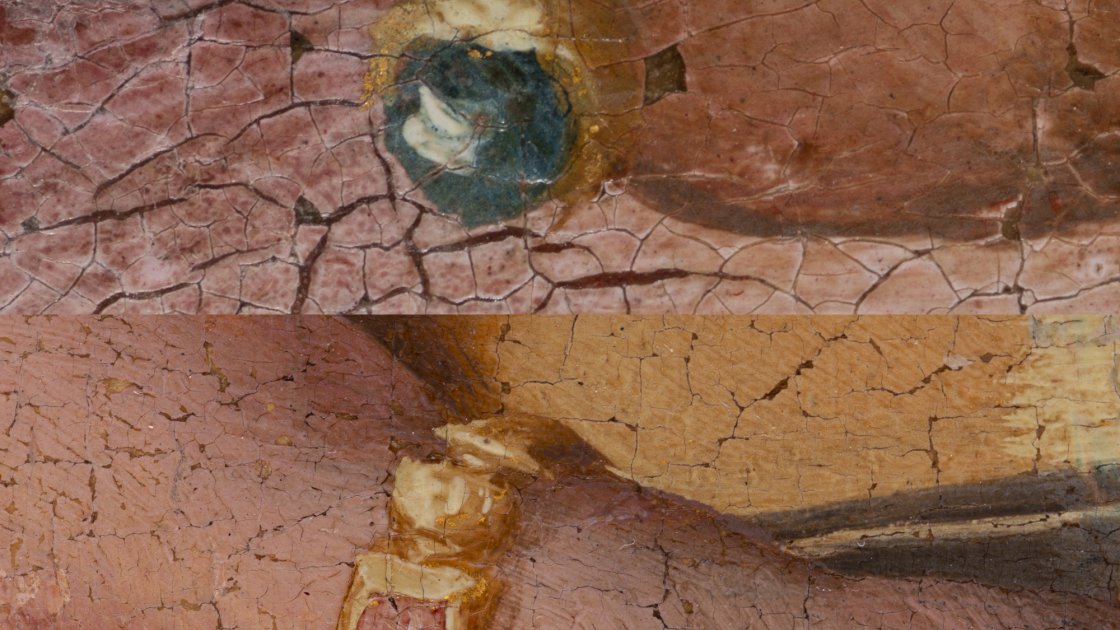 Detalle de los acabados en oro en la pintura “Retrato de una dama” de Pier Francesco Foschi