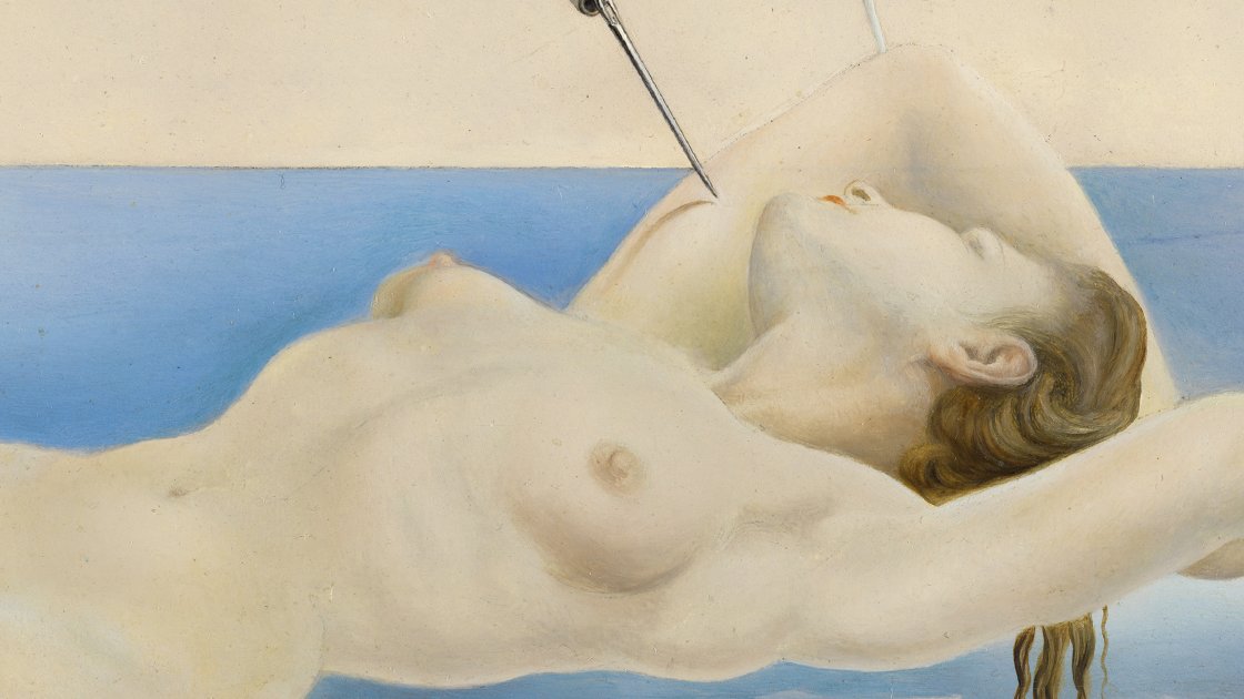 Detalle de Gala en la obra “Un segundo antes del despertar de un sueño provocado por el vuelo de una abeja alrededor de una granada”, de Salvador Dalí