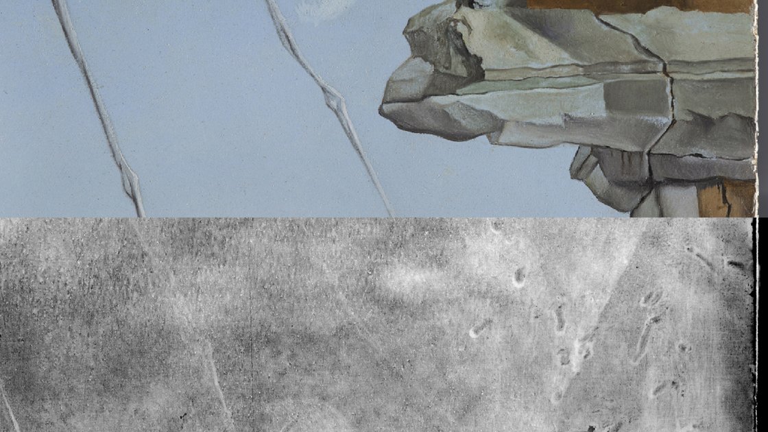 Detalle comparativo de la imagen visible y la radiografía donde se observan las huellas de apoyo del tiento sobre la capa preparatoria