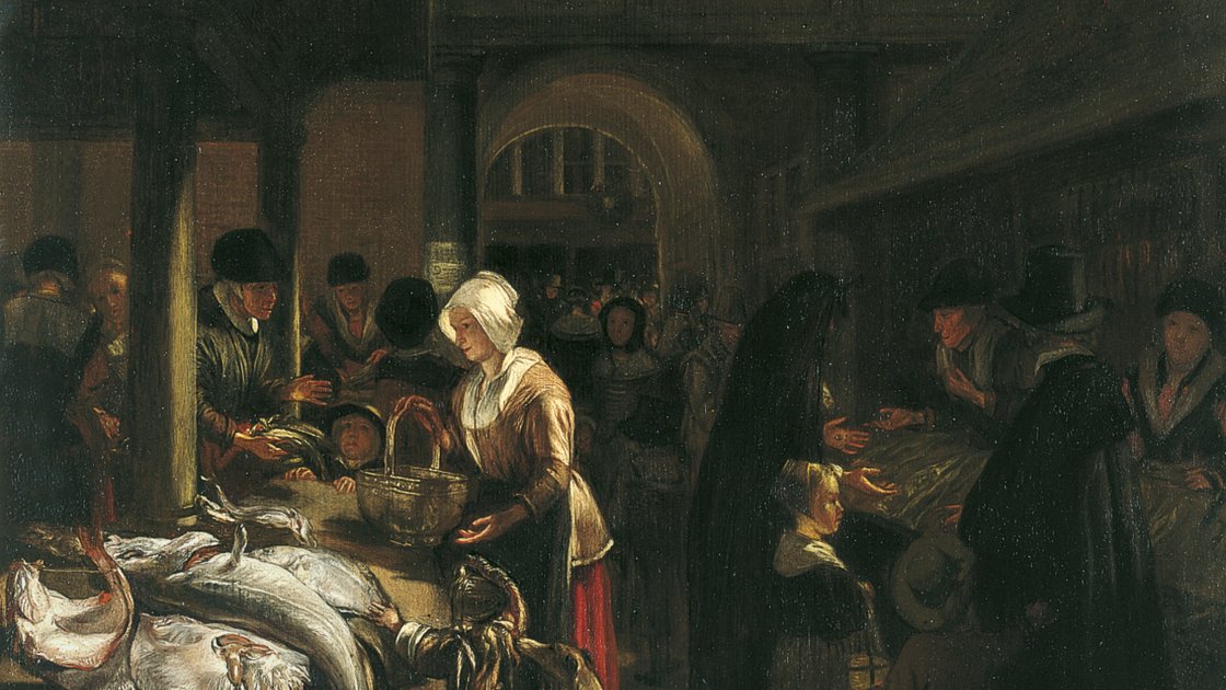 El antiguo mercado del pescado en el Dam, Amsterdam. Emanuel de Witte