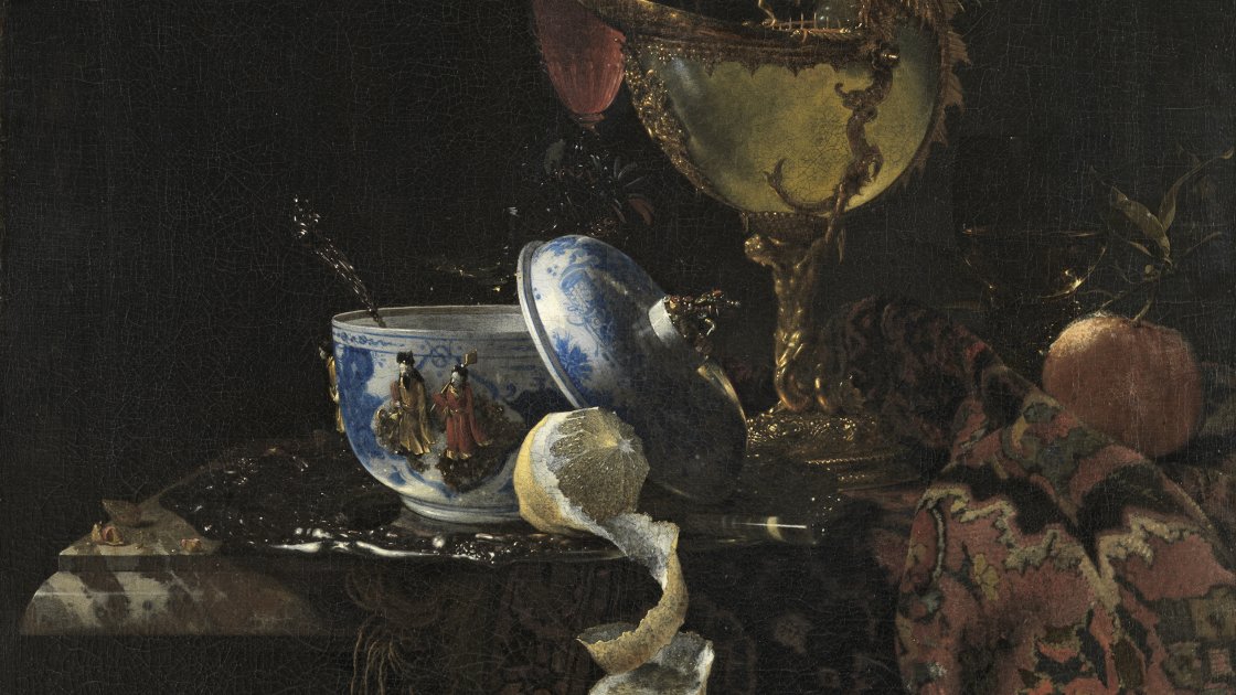 Bodegón con cuenco chino, copa nautilo y otros objetos. Willem Kalf