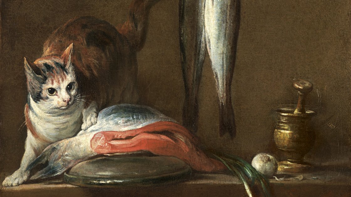 Bodegón con gato y pescado.. Jean-Baptiste-  Siméon Chardin
