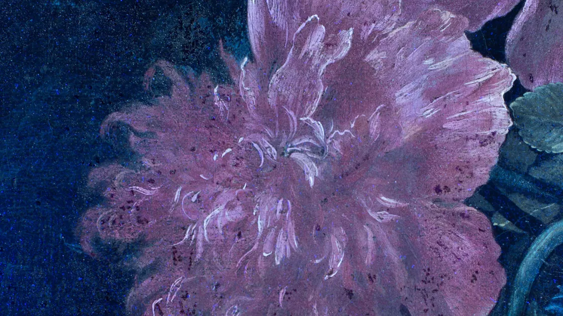 Detalle de la imagen ultravioleta de la obra de Linard "Porcelana china con flores" Detalle de la imagen ultravioleta de la obra de Linard "Porcelana china con flores"