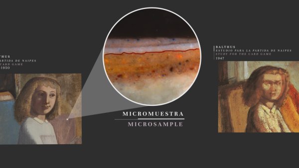 Detalle de la micromuestra tomada del fondo de la escena de la pintura “La partida de naipes” 