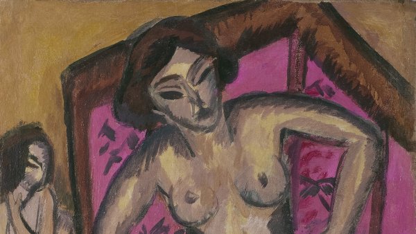 Desnudo de rodillas ante un biombo rojo (reverso: Desnudo sentado con pierna doblada). Ernst Ludwig Kirchner Miniatura