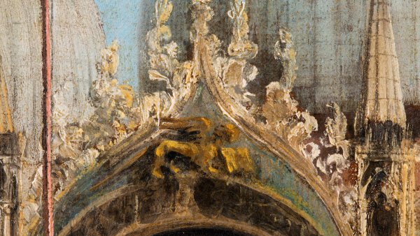 Details of before and after the restoration treatment of the painting The Piazza San Marco in Venice by Canaletto