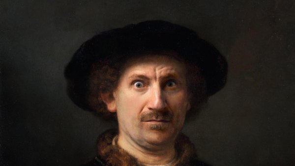 Rembrandt Harmensz. van Rijn. Autorretrato con gorra y dos cadenas  Fotomontaje: Jorge Salgado © Cultura en Vena, 2023. Procedencia obra original: Museo Nacional Thyssen-Bornemisza