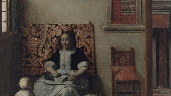 Interior with a Woman sewing and a Child. Interior con una mujer cosiendo y un niño, c. 1662-1668