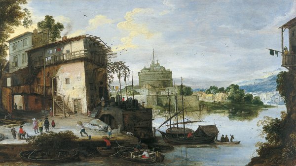 View of a River Port with the Castel Sant'Angelo. Vista de un puerto fluvial con el Castillo de Sant'Angelo