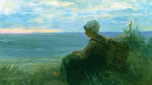 A Fishergirl on a Dune-Top Overlooking the Sea. Mujer de un pescador oteando el horizonte sobre una duna, c. 1900