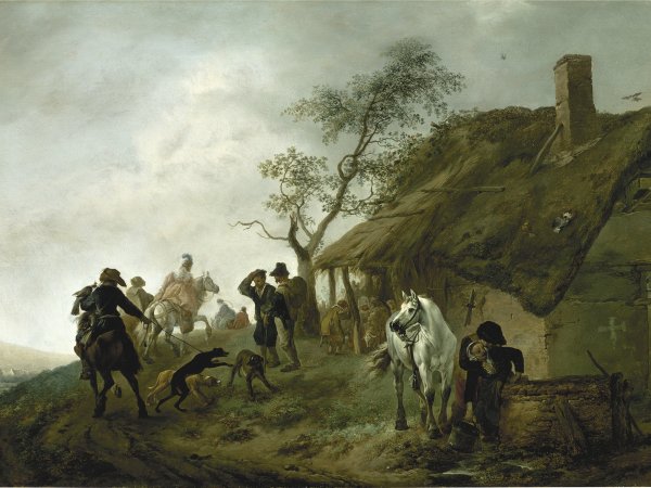 Escena de cetrería junto a una casa de labranza